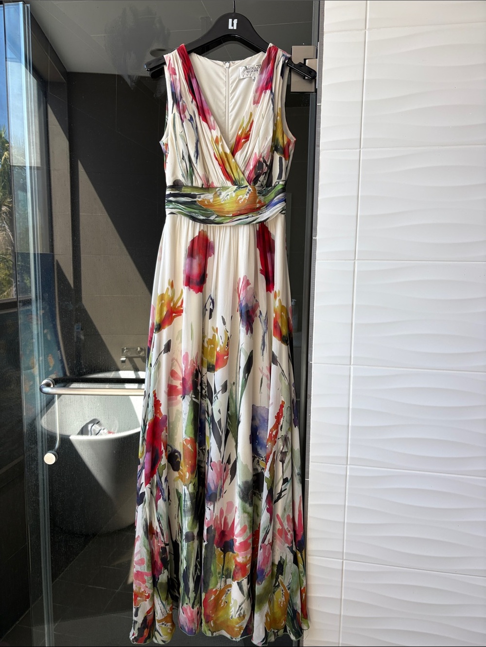 Badgley Mischka Ivory Maxi Dress with Red, Pink, Yellow & Green Floral Print